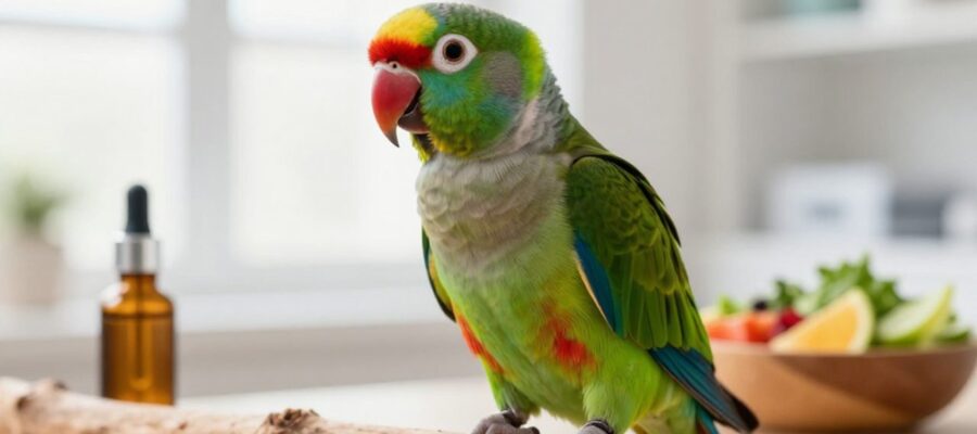 Loro con plumaje brillante posado sobre una rama de madera frente a un cuenco con fruta fresca y un frasco de gotas en un entorno clínico.