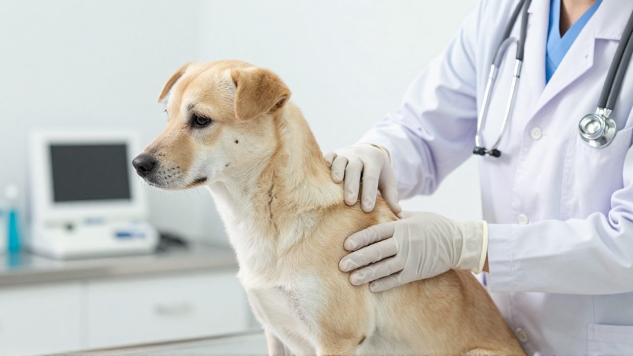 Manos de un veterinario con guantes realizan una inspección clínica en la zona genital de una perra en una consulta médica.