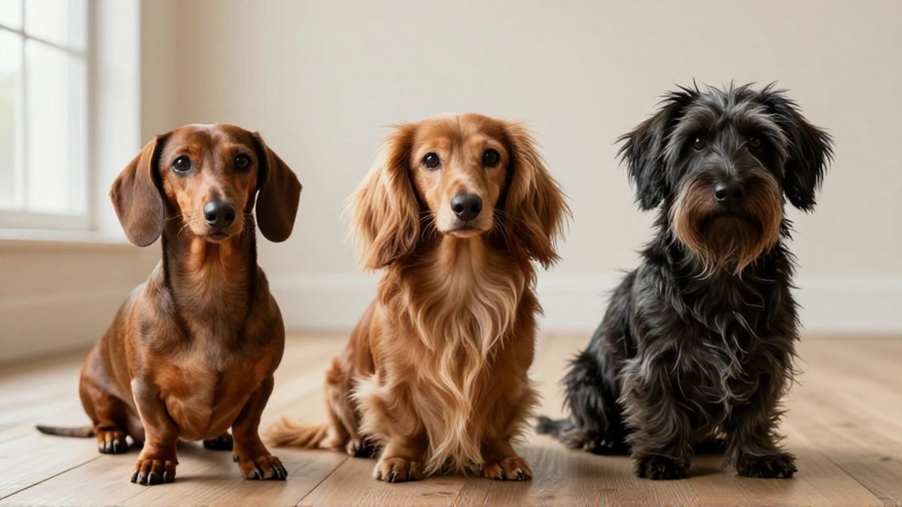 Tres perros Teckel de distinto tipo de pelaje, corto, largo y duro, colocados uno al lado del otro para mostrar sus texturas.