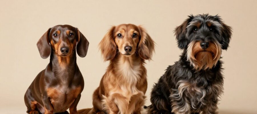 Tres perros Teckel con diferentes tipos de pelaje, de pelo corto, largo y duro, sentados uno al lado del otro.