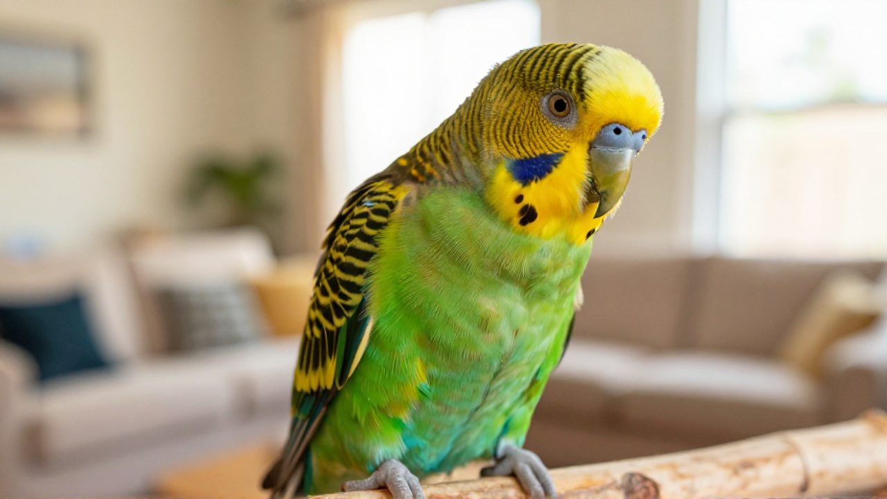 Loro de plumaje colorido posado en una rama de madera, mirando con curiosidad hacia la cámara en un entorno doméstico iluminado por el sol.