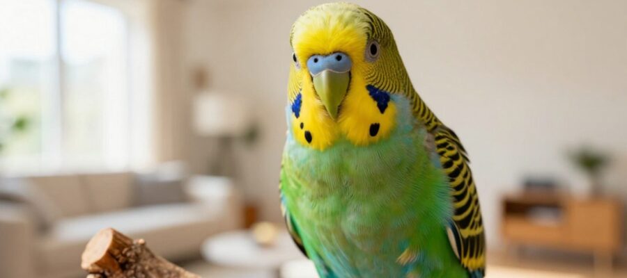 Loro de colores verde, amarillo y azul posado en una rama de madera en el interior de un hogar iluminado.