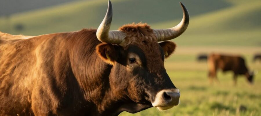 Perfil de un toro con cuernos grandes y robustos en un pastizal bajo la luz del atardecer.
