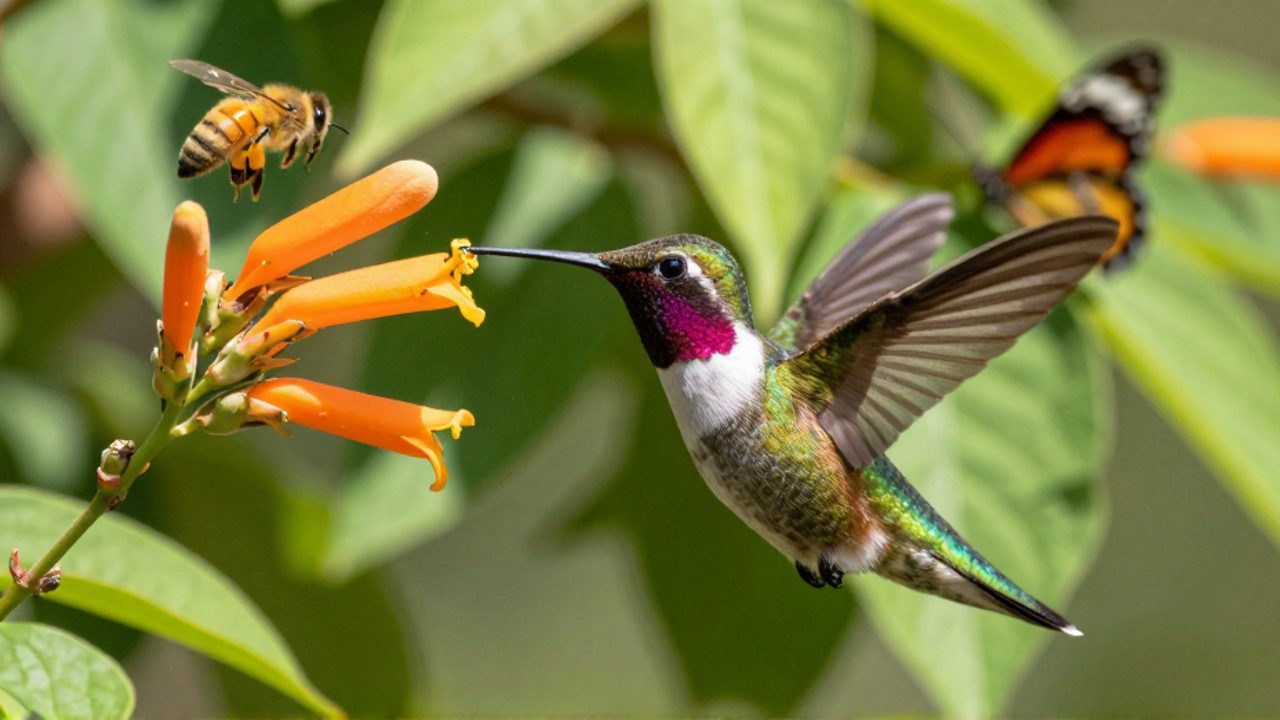 Colibrí libando una flor naranja mientras granos de polen se adhieren a su plumaje, con una abeja y una mariposa en el fondo.