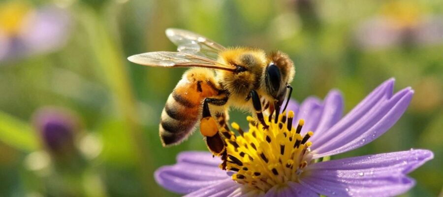 Una abeja cubierta de polen aterriza sobre una flor silvestre en un prado iluminado por el sol.