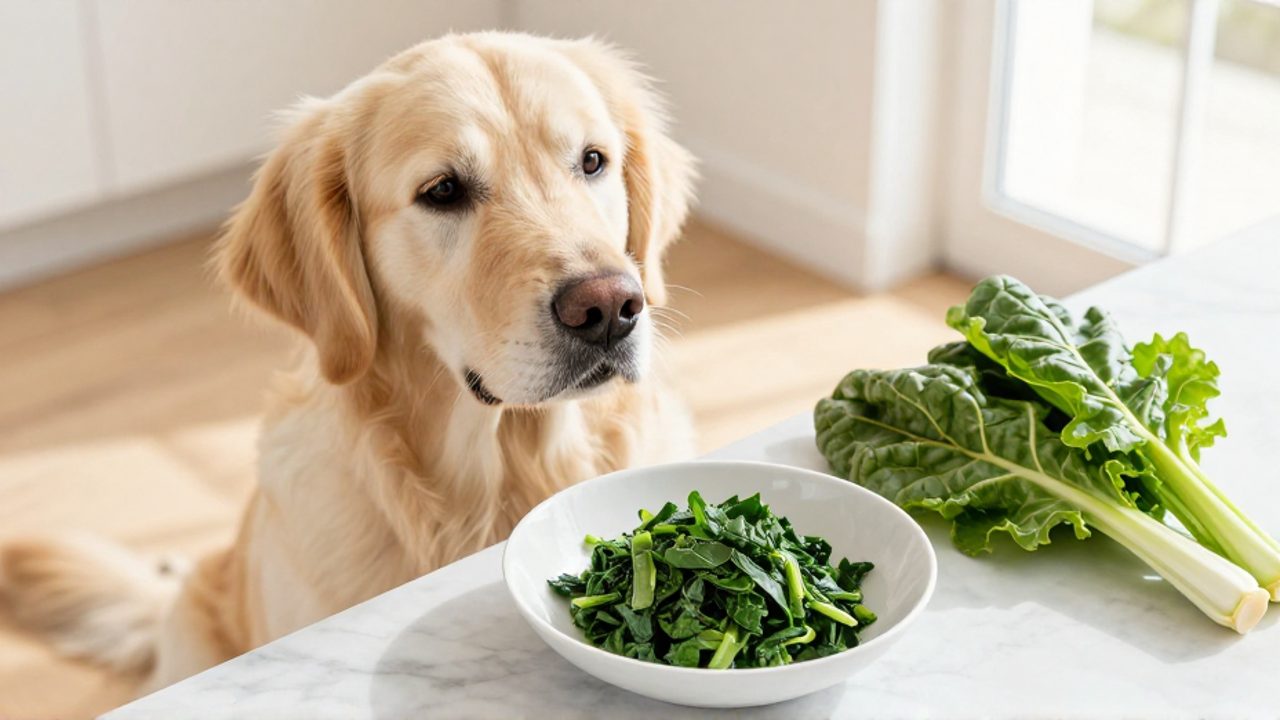 Perro sentado en una cocina mirando con atención un cuenco con trozos de acelga cocida.