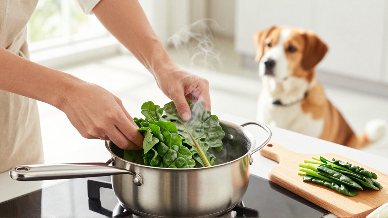 Unas manos cocinan acelgas al vapor en una olla mientras un perro observa con curiosidad desde el suelo de la cocina.