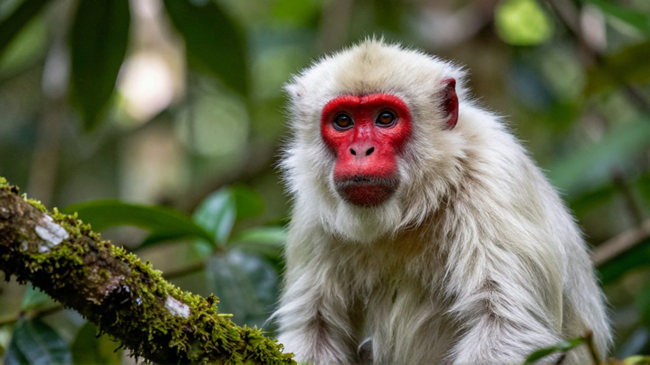 Primer plano de un mono uakari de rostro rojo brillante posado sobre una rama con musgo en la selva amazónica.