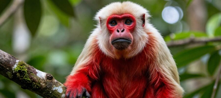 Mono uakari de cara roja brillante posado sobre una rama en la selva amazónica.
