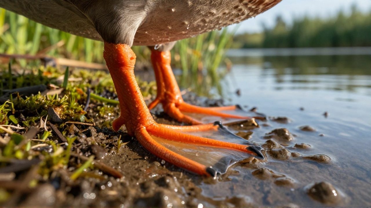 Primer plano de la pata palmeada de un ánade real pisando la orilla musgosa de un río.