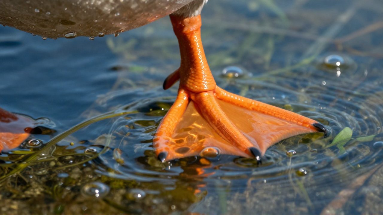Primer plano de la pata palmeada de un ánade real desplazándose bajo el agua de un lago.