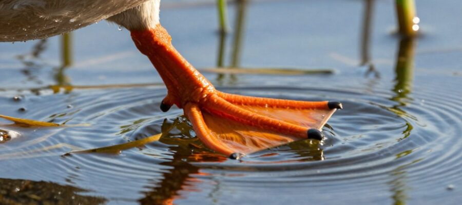 Primer plano de la pata palmípeda de un ánade real moviéndose bajo el agua clara de un lago, mostrando la membrana entre los dedos para facilitar la natación.