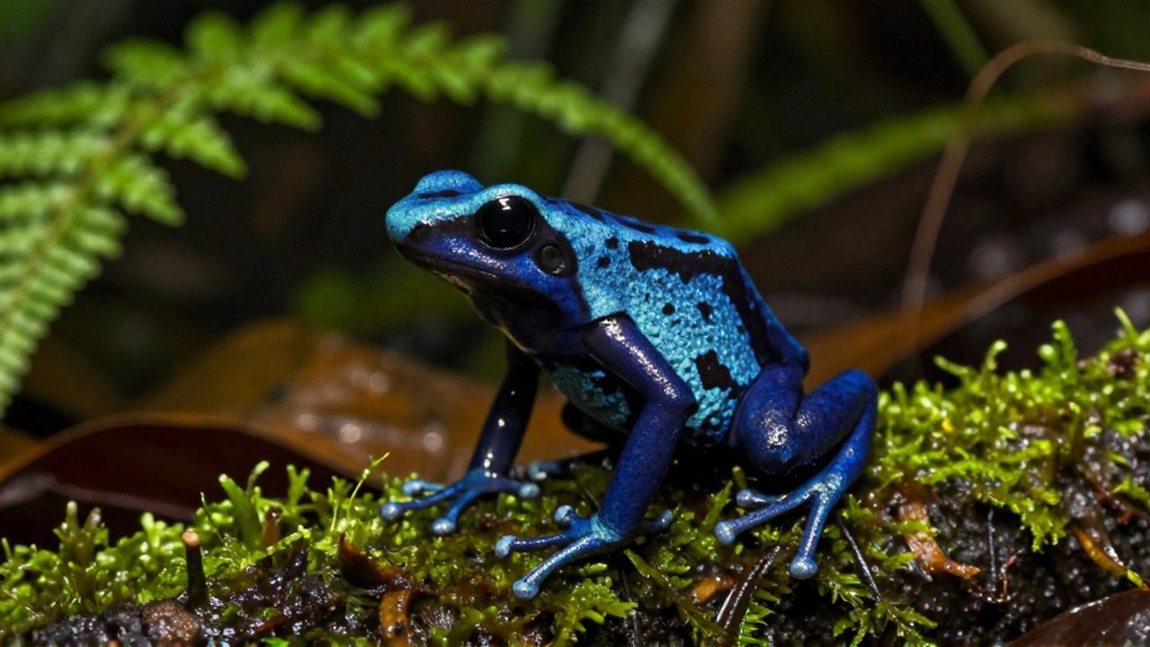 Rana dardo venenosa de colores azul y negro brillantes posada sobre una rama con musgo en el suelo de una selva tropical.