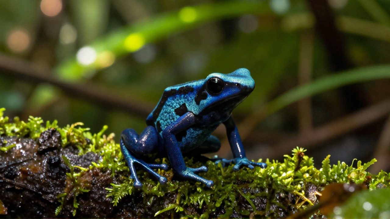 Una rana dardo venenosa de colores azul y negro brillante posada sobre una rama con musgo en una selva tropical húmeda.