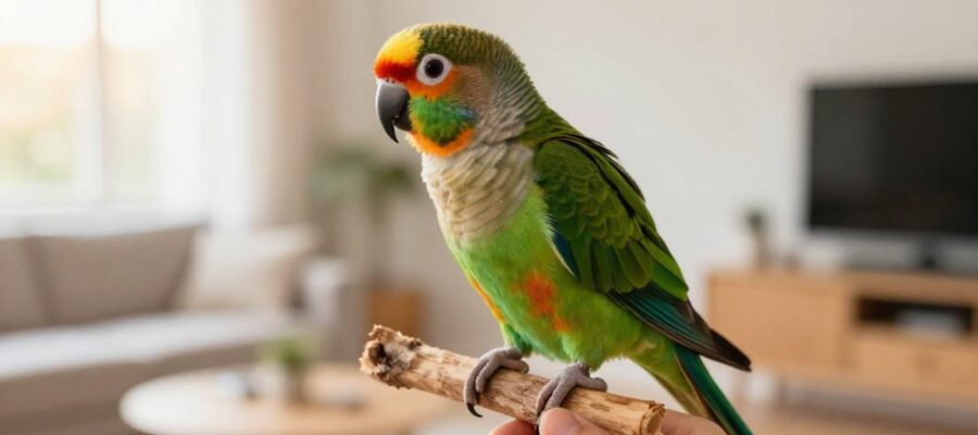 Una conura de plumaje verde y naranja posada en una rama que sostiene una persona en una sala iluminada por el sol.