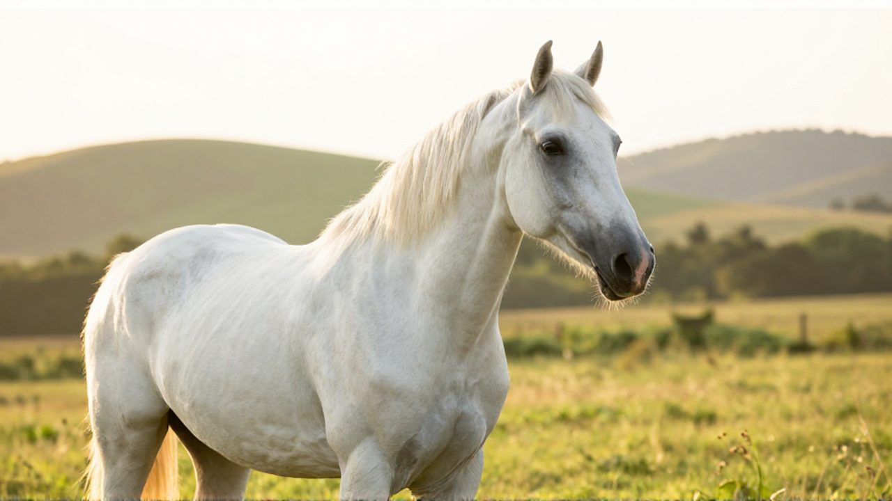 Caballo blanco de perfil de pie en un prado iluminado por la luz del atardecer.