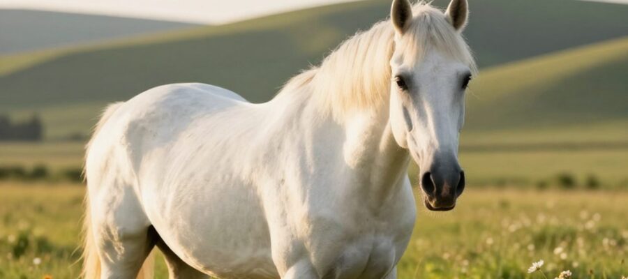 Caballo blanco de aspecto majestuoso parado en un prado verde iluminado por la luz del atardecer.