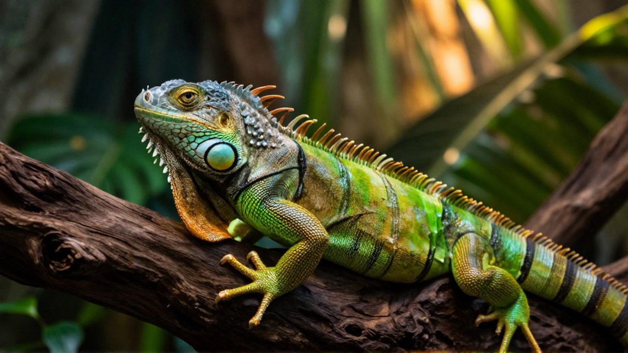 Primer plano de una iguana de tonos verdes brillantes posada sobre un tronco de madera en un entorno tropical.