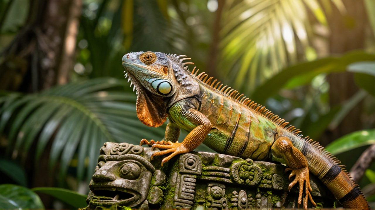 Iguana verde posada sobre una escultura de piedra cubierta de musgo en un entorno de selva tropical.