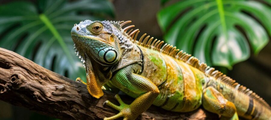 Iguana verde de mirada curiosa posada sobre una rama de madera en un entorno tropical con hojas de monstera.