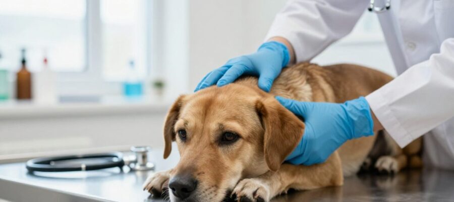 Un veterinario con guantes azules examina con cuidado a una perra de pelaje marrón sobre una mesa de consulta en una clínica.