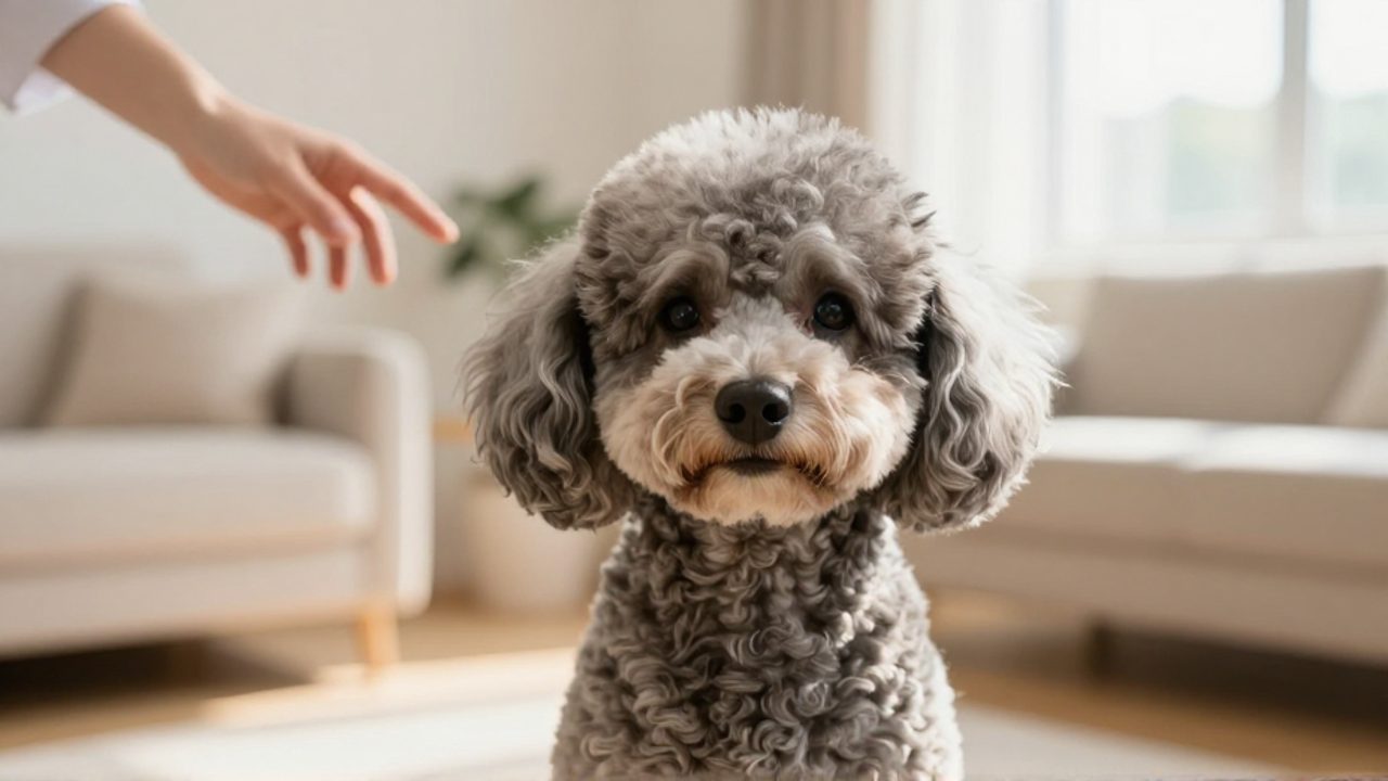 Un French Poodle con expresión atenta mira hacia una mano que le hace una señal en una sala luminosa.