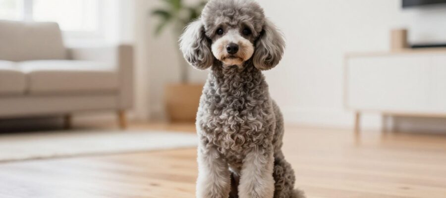Un French Poodle de pelaje rizado y bien cuidado mira con curiosidad hacia la cámara en una sala luminosa.