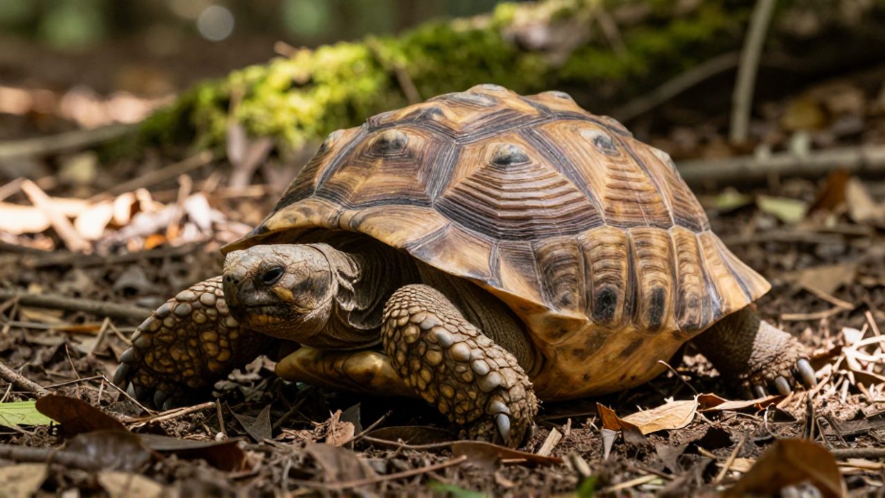 Una tortuga Sulcata descansa parcialmente retraída en su caparazón sobre un lecho de hojas secas y tierra en un suelo de bosque.
