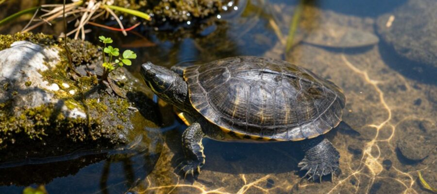 Tortuga acuática descansando en el fondo de un río, parcialmente protegida entre piedras cubiertas de musgo y plantas acuáticas.