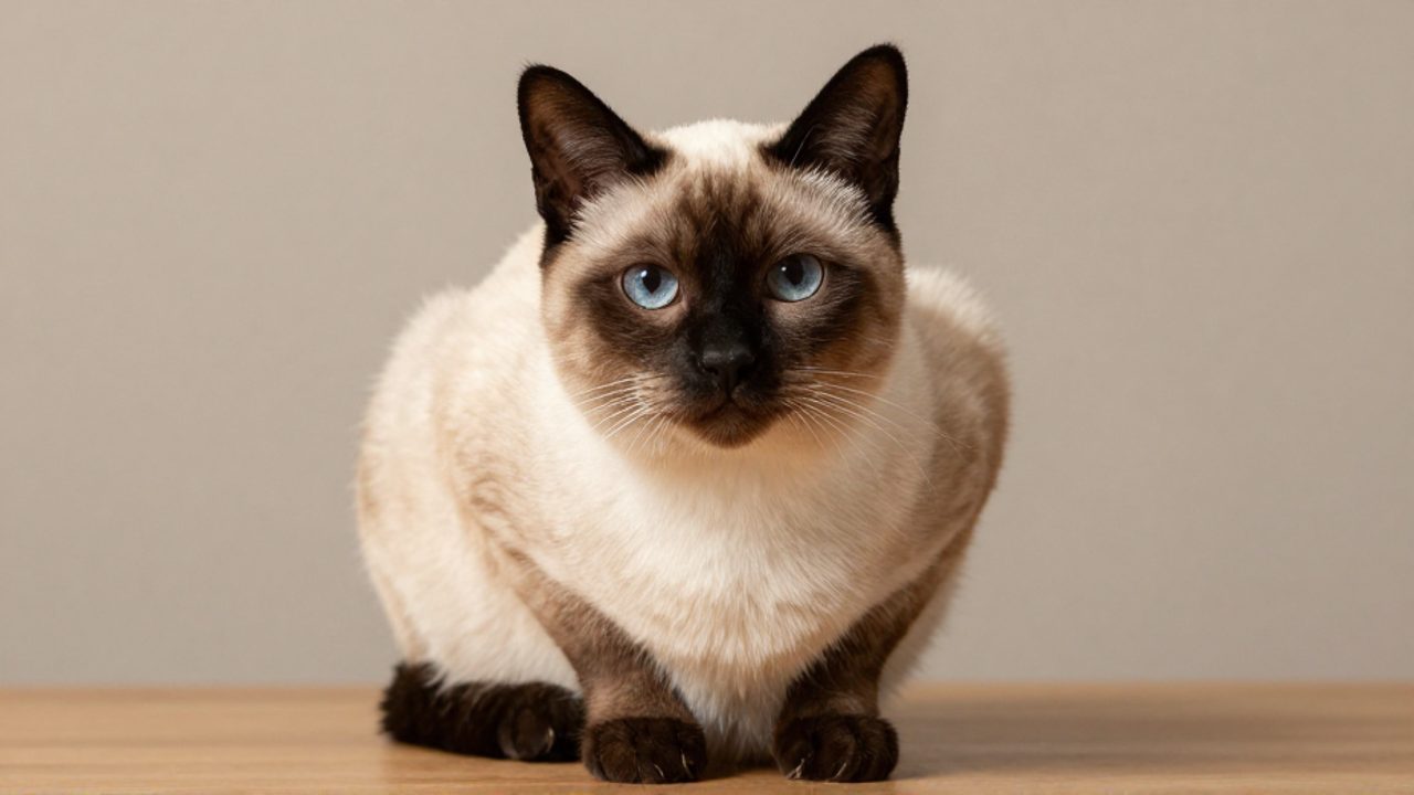 Gato siamés tradicional de tipo Thai con cabeza redondeada, mejillas llenas y marcas oscuras sobre pelaje crema.