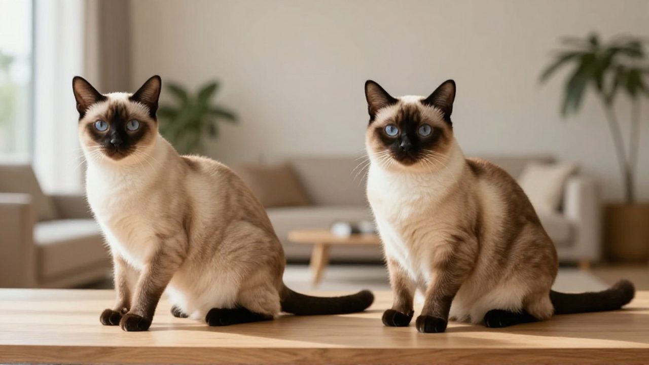 Comparativa de un gato siamés moderno, de cuerpo alargado y rasgos angulares, junto a un siamés Thai, de constitución más robusta y cabeza redondeada.