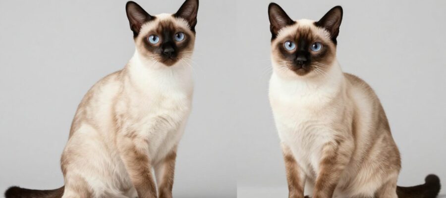 Comparativa entre un gato siamés moderno de cuerpo esbelto y cabeza triangular junto a un siamés Thai de constitución robusta y cabeza redondeada.