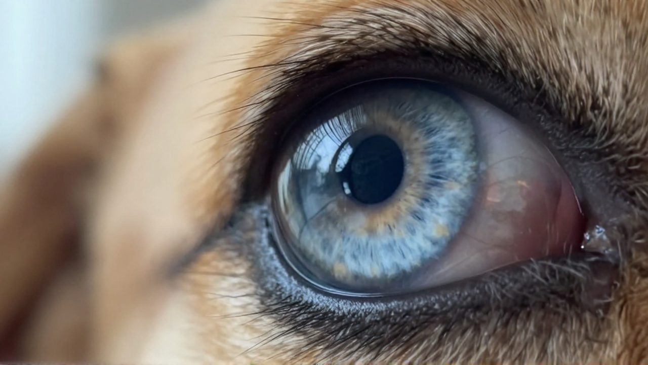 Primer plano detallado de un ojo de perro con iris azul y una ligera opacidad lechosa cerca de la pupila.