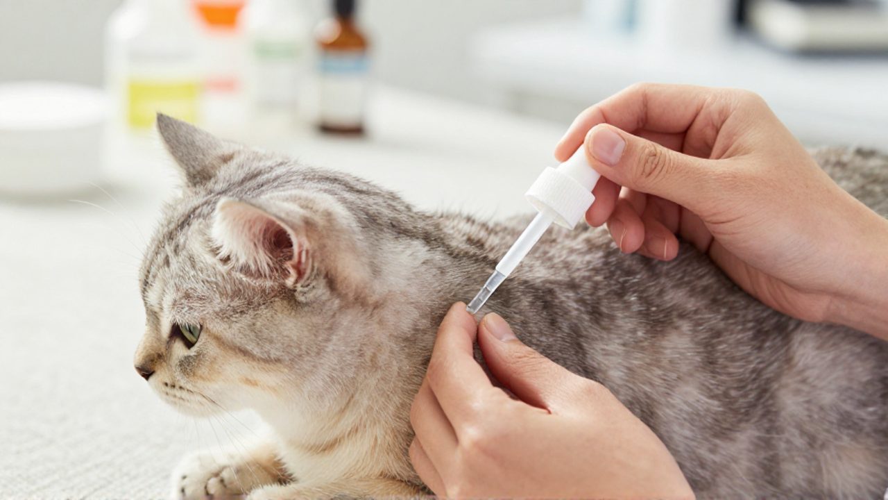 Manos de un veterinario aplicando un tratamiento antiparasitario con un pipeteador sobre el cuello de un gato.