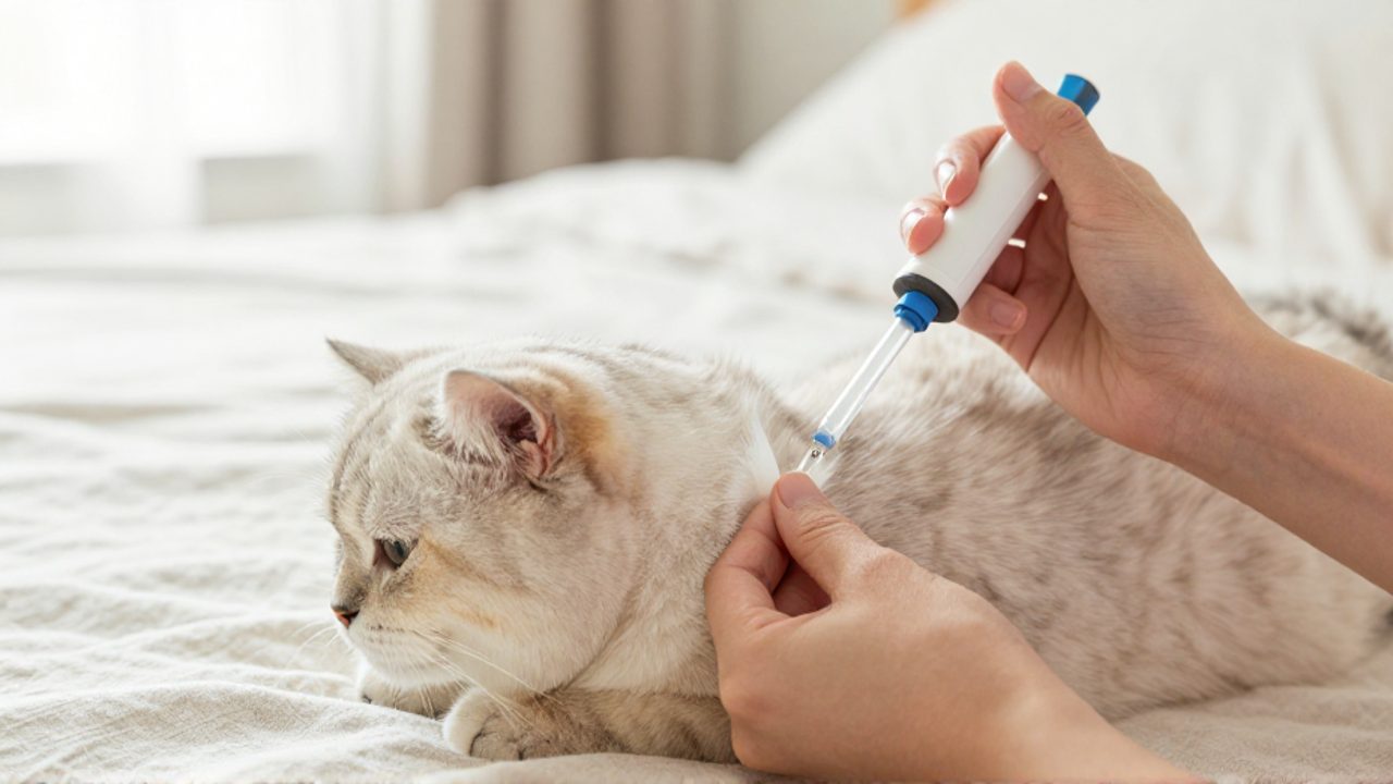 Manos aplicando un tratamiento antiparasitario con una pipeta en la nuca de un gato que descansa sobre una cama.