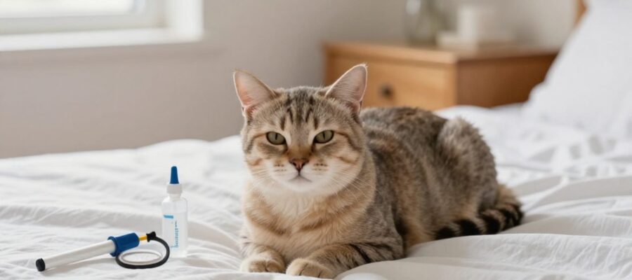 Gato descansando sobre sábanas blancas junto a un collar antipulgas y un pipeta veterinaria sobre una mesa de noche.