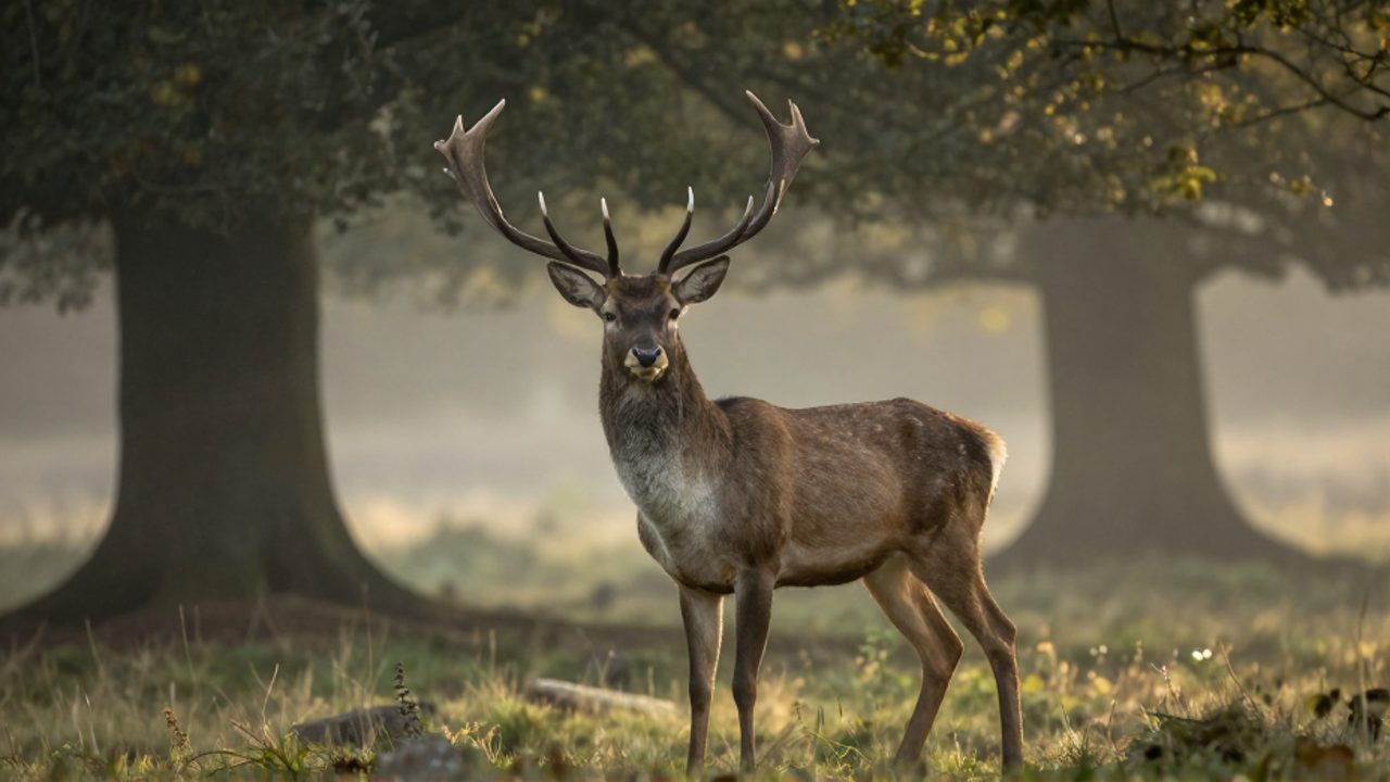 Un macho de la familia Cervidae con grandes cornamentas observa alerta en un bosque neblinoso.