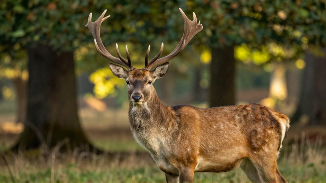 Un macho adulto de la familia Cervidae con astas ramificadas se mantiene alerta en un claro de bosque iluminado por el sol.