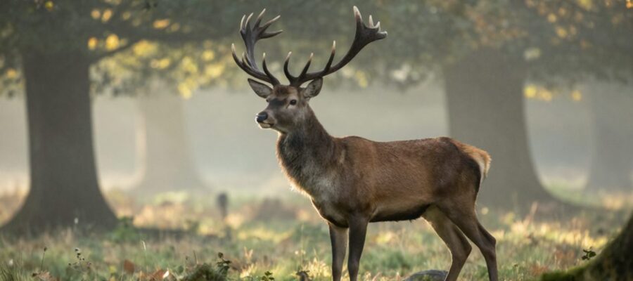 Un venado macho con grandes astas de múltiples puntas permanece alerta en un claro de un bosque neblinoso bajo la luz del sol.