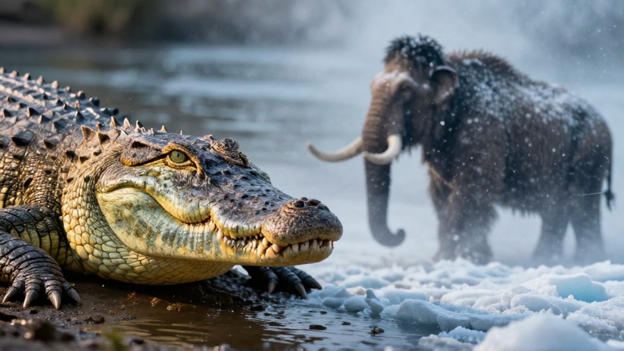 Composición dividida que muestra el primer plano detallado de un cocodrilo del Nilo bajo la luz del sol frente a la silueta difusa de un mamut lanudo en una tormenta de nieve.