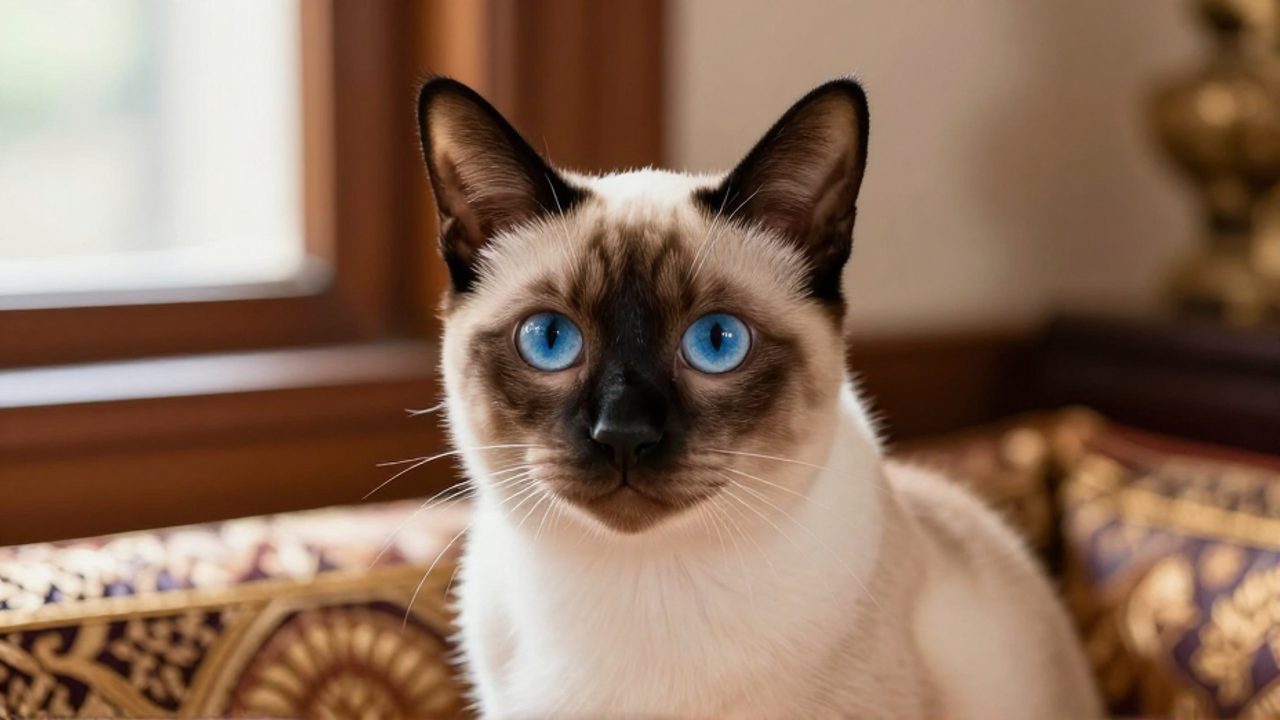 Primer plano de un gato siamés de mirada intensa y ojos azules sobre un fondo cálido con detalles de decoración tailandesa.