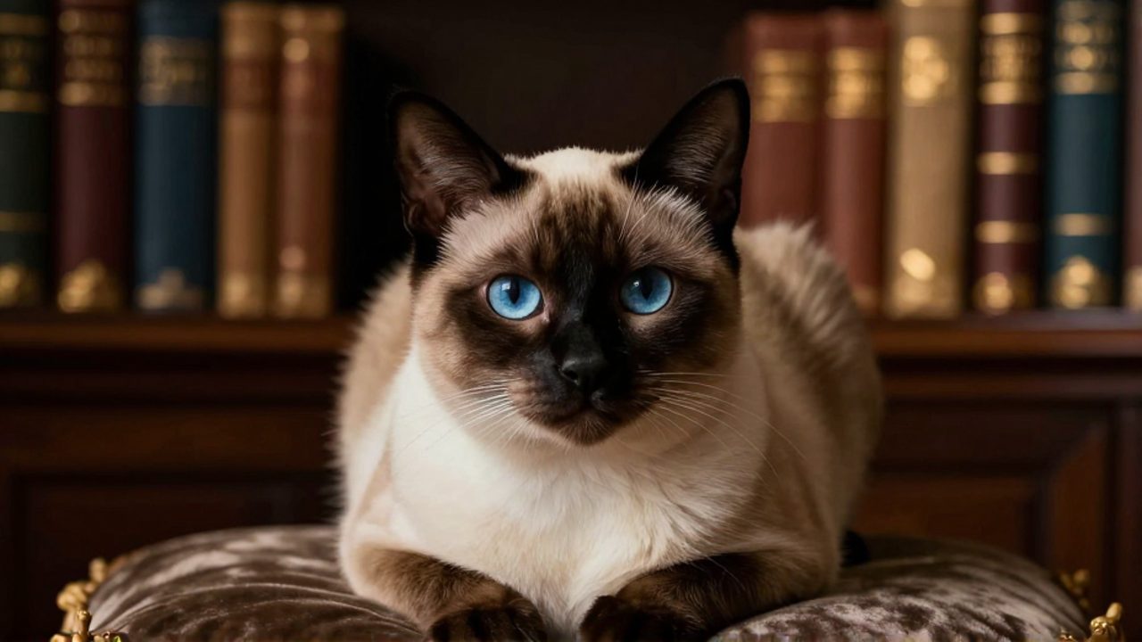Primer plano de un gato siamés de mirada inteligente sentado sobre un cojín de terciopelo en una biblioteca clásica.
