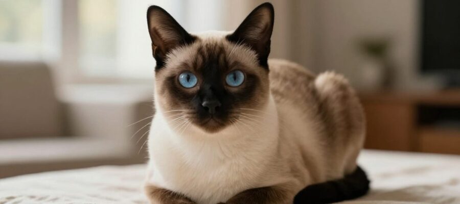 Primer plano de un gato siamés de ojos azules mirando hacia un lado sobre una superficie de lino claro.