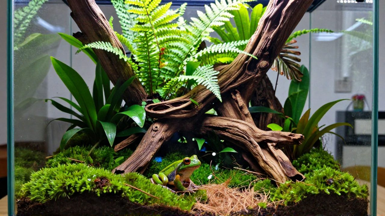 Terrario bioactivo con plantas tropicales, musgo y ramas de madera para el hábitat de ranas arborícolas.