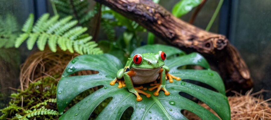 Rana de ojos rojos posada sobre una hoja verde dentro de un terrario con vegetación húmeda.