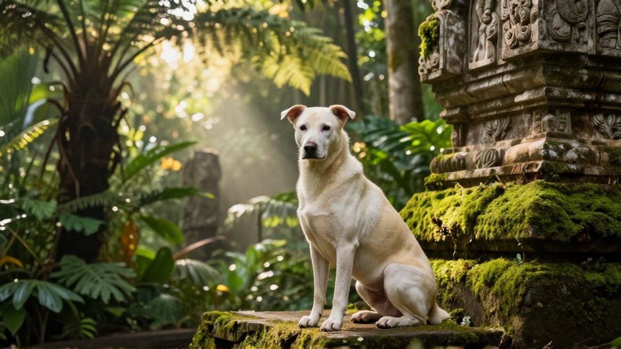 Perra de pelaje claro sentada con elegancia en un claro de la selva frente a una antigua ruina de piedra maya.