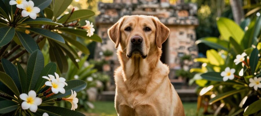 Un labrador retriever sentado en un jardín tropical con flores de plumeria y vegetación densa.