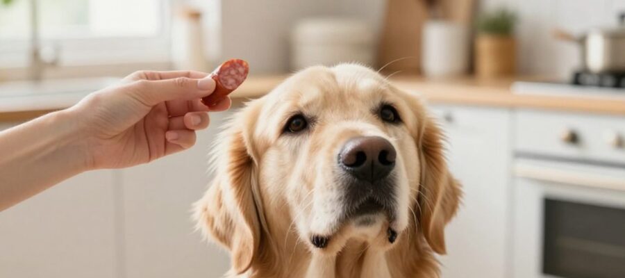 Un perro Golden Retriever mira con atención una pequeña rodaja de salchicha que una persona le ofrece en una cocina.