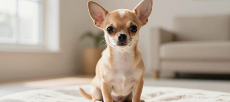 Cachorro de chihuahua macho con mirada atenta sentado sobre una superficie de lino en una sala iluminada por el sol.
