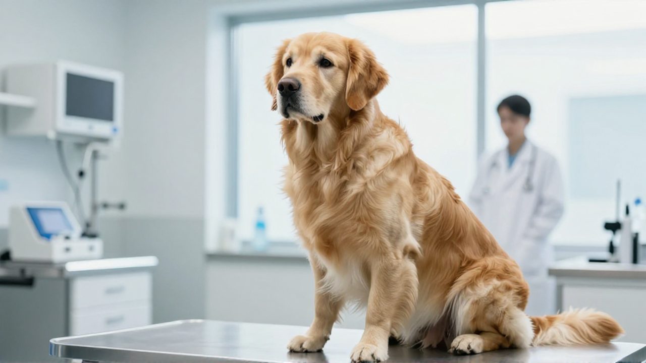 Perro Golden Retriever sentado con expresión de preocupación sobre una mesa de exploración en una clínica veterinaria.